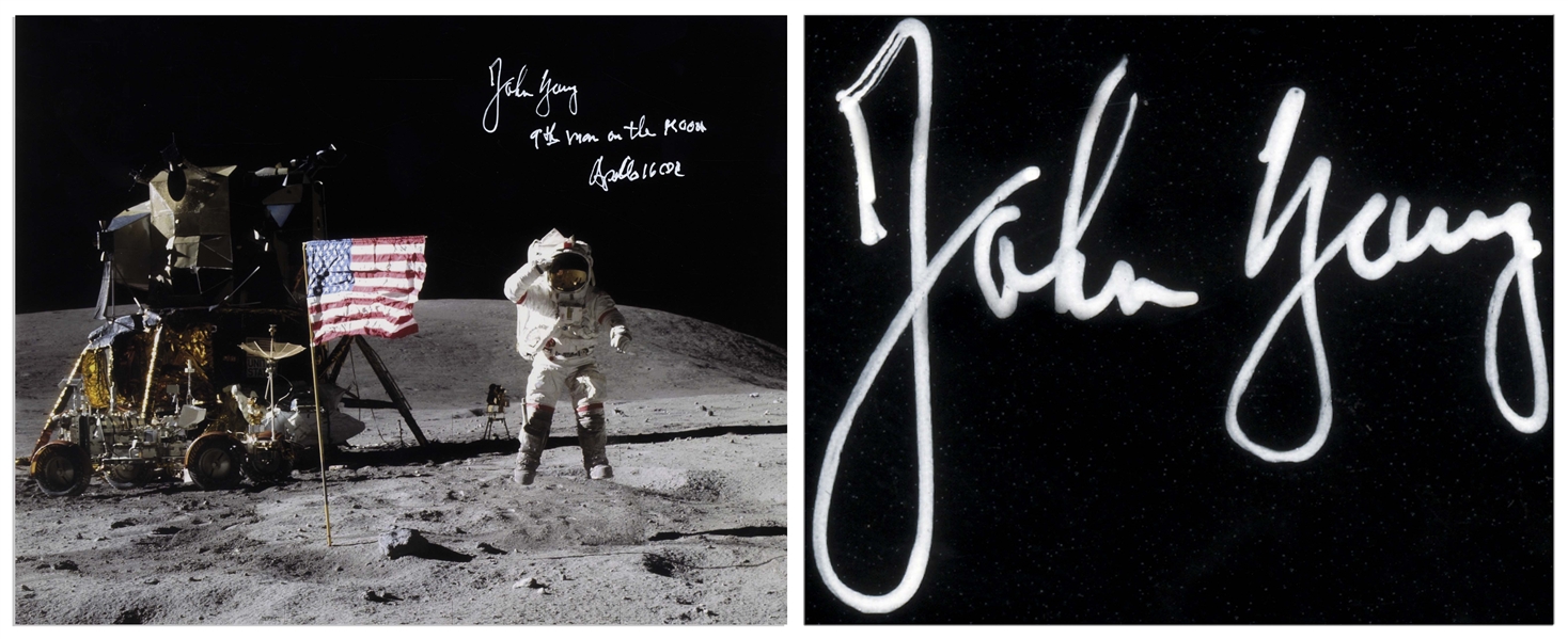 John Young Signed 10'' x 8'' Photo of Him Standing on the Moon Beside the U.S. Flag -- ''9th man on the MOON'' -- With Steve Zarelli COA